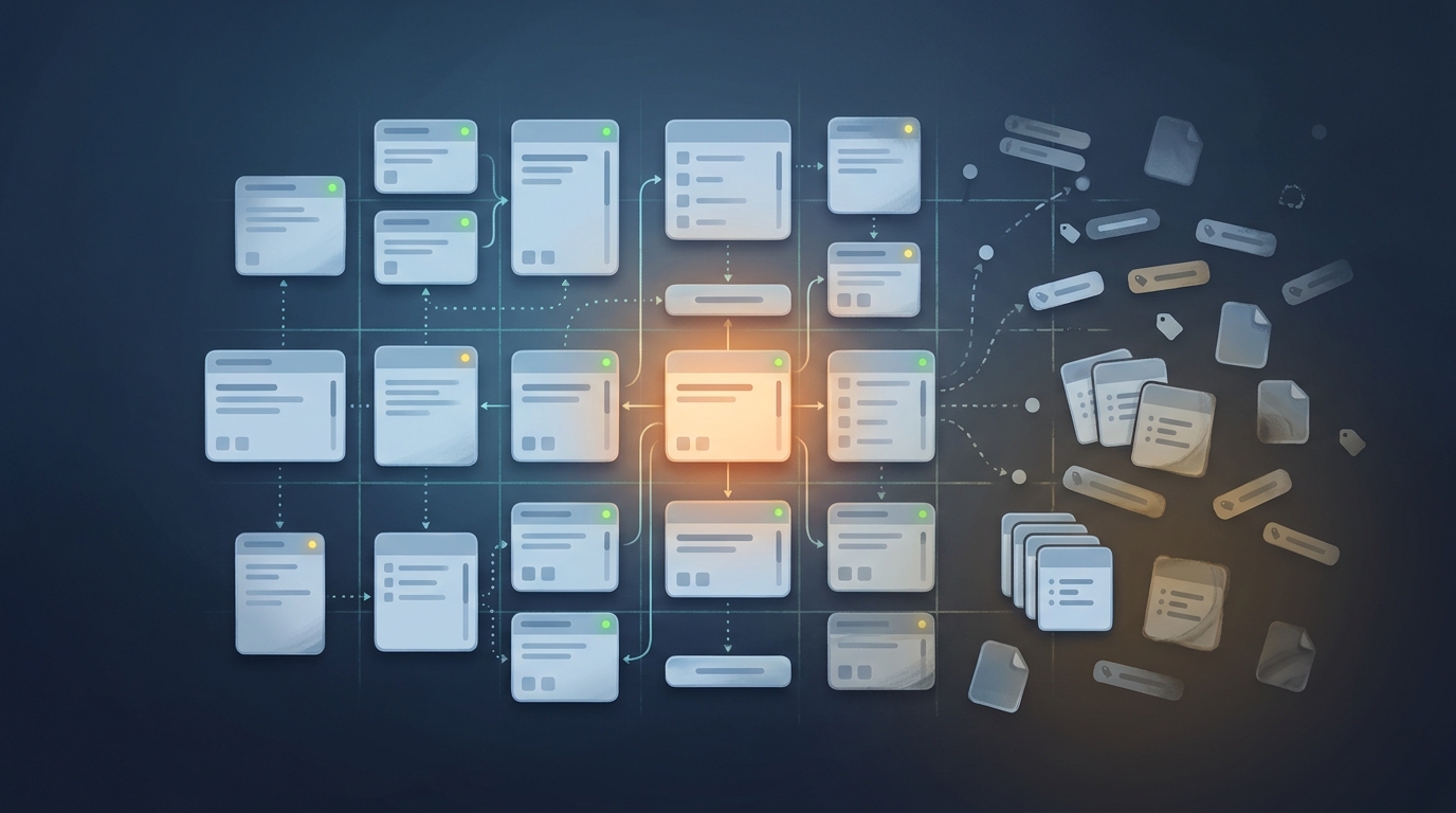 A knowledge vault dashboard drifting into a junk drawer of loose cards, duplicate tags, and orphaned nodes