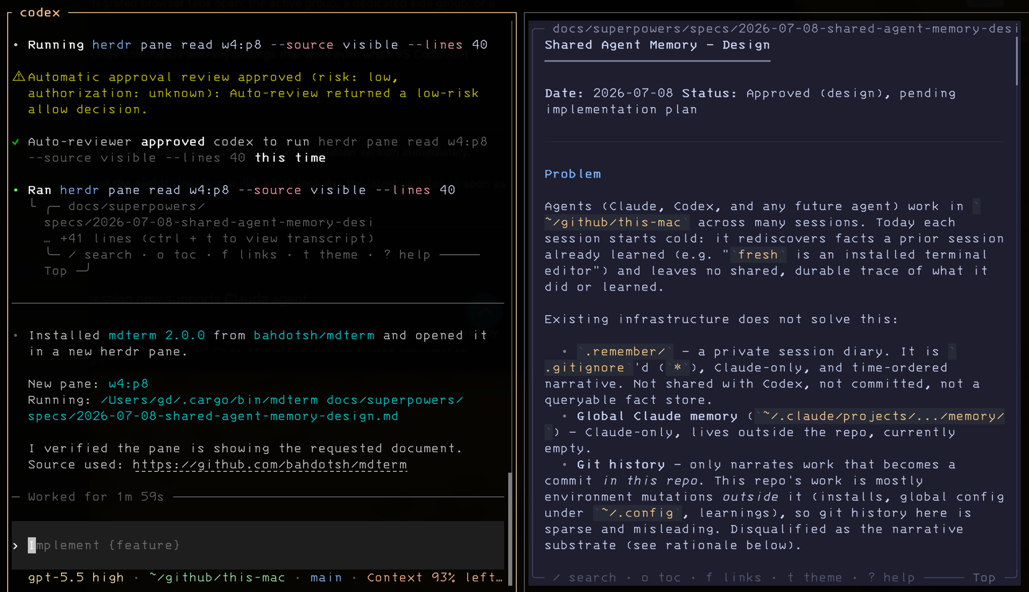 Codex in one pane reporting that it installed mdterm, opened it in a new pane w4:p8, and ran herdr pane read to verify the pane content