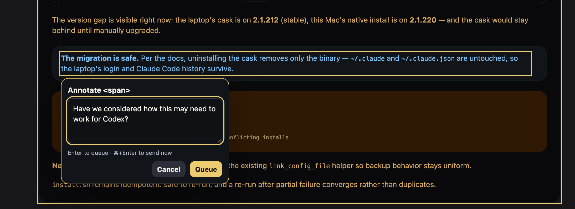 Lavish's annotate popover: a sentence in the artifact is highlighted and a question typed directly against it, queued for the agent