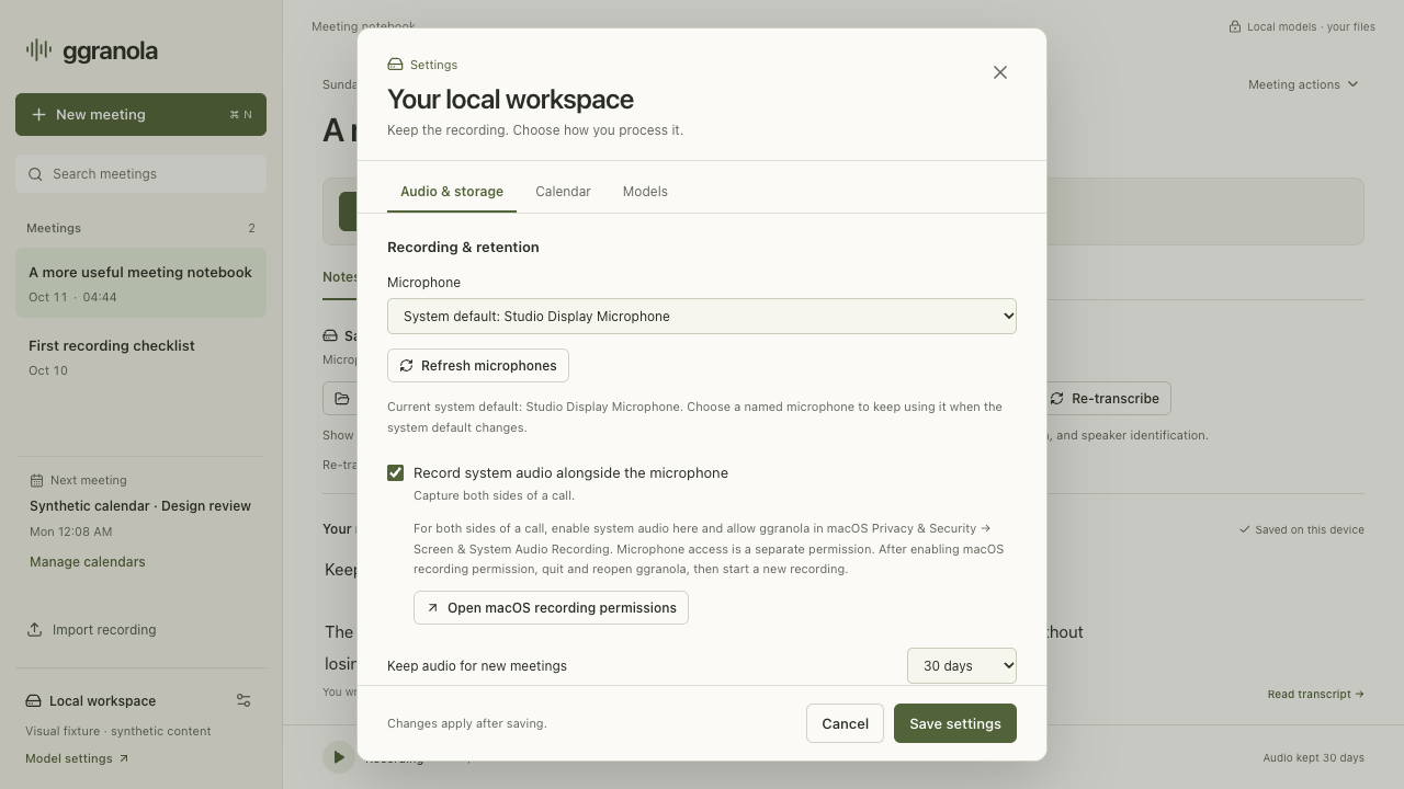 ggranola Settings in a browser test fixture, with sample meetings, a microphone selector, and a 30-day retention choice